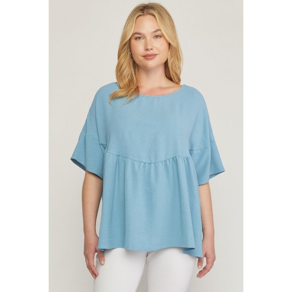 Entro Round Neck Babydoll Top, Blue - Picture 2 of 7